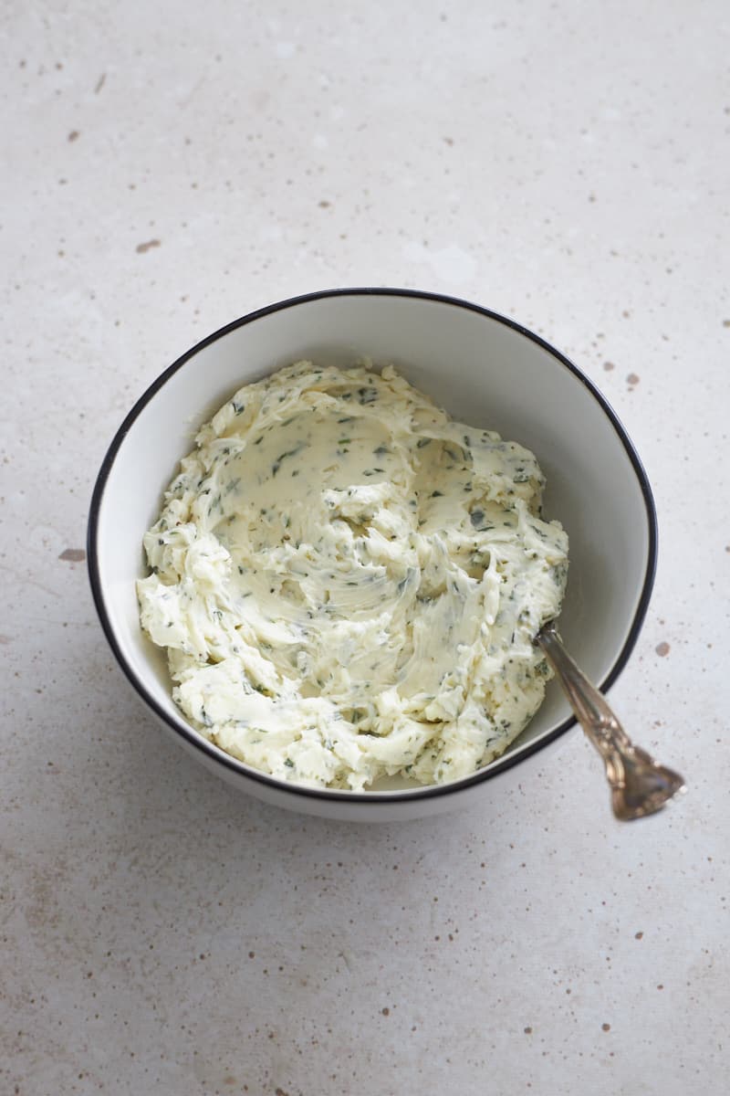 Mixed compound butter in a small bowl.