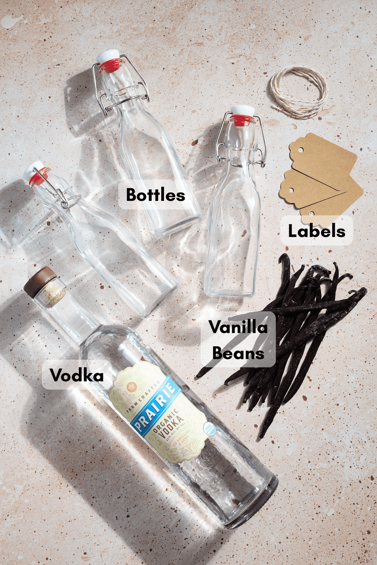 Ingredients and supplies for Homemade Vanilla Extract.