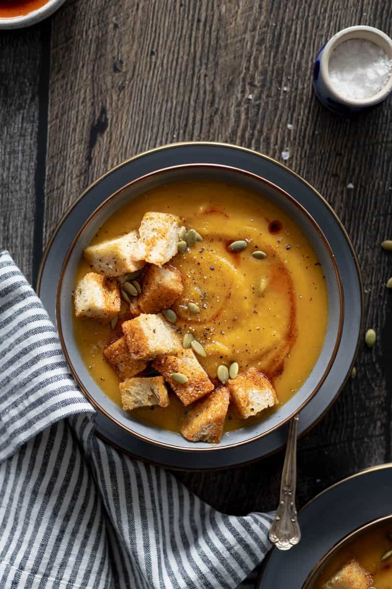 Butternut Squash and Carrot Soup topped with jumbo croutons. 