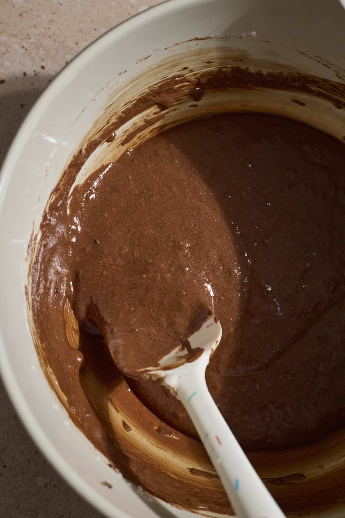 Chocolate mousse mixed together in a large bowl. 