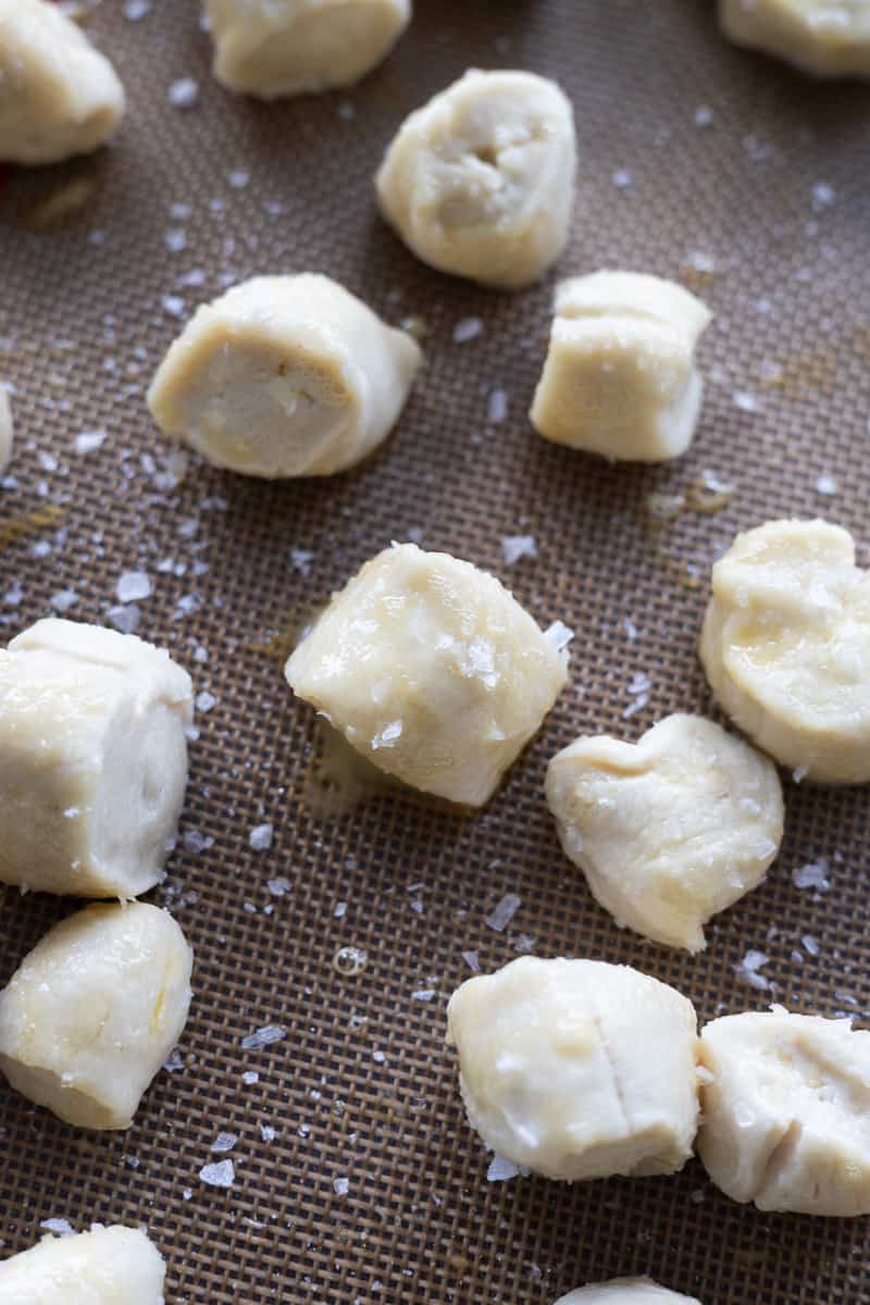 Sourdough discard pretzel bites brushed with egg wash and flaky sea salt. 