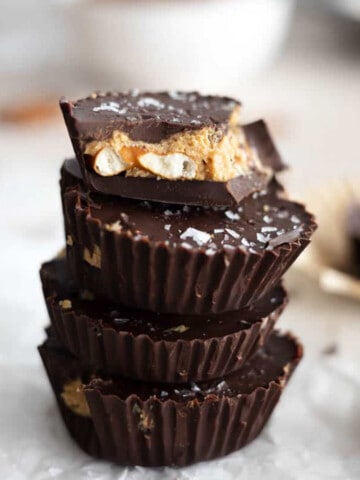 A stack of Dark Chocolate Peanut Butter Cups.