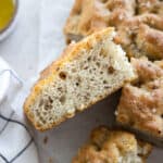 Side view of a slice of Black Pepper Focaccia.