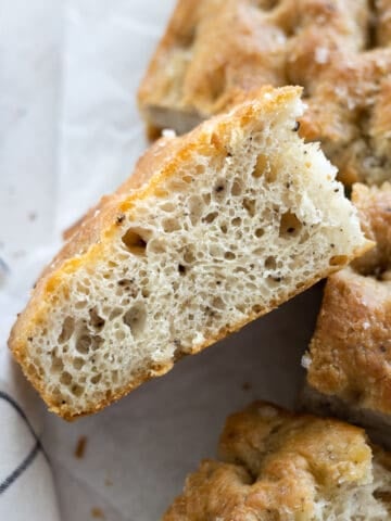 Side view of a slice of Black Pepper Focaccia.