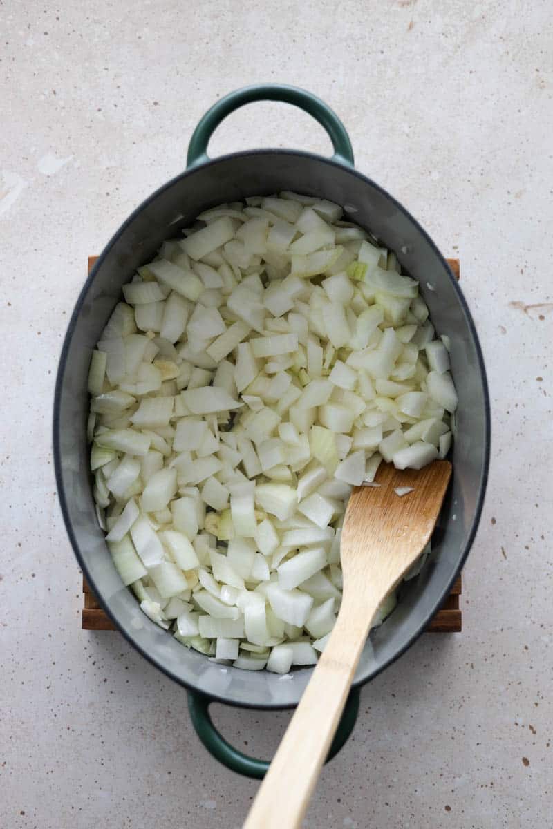 Onions in a soup pot.