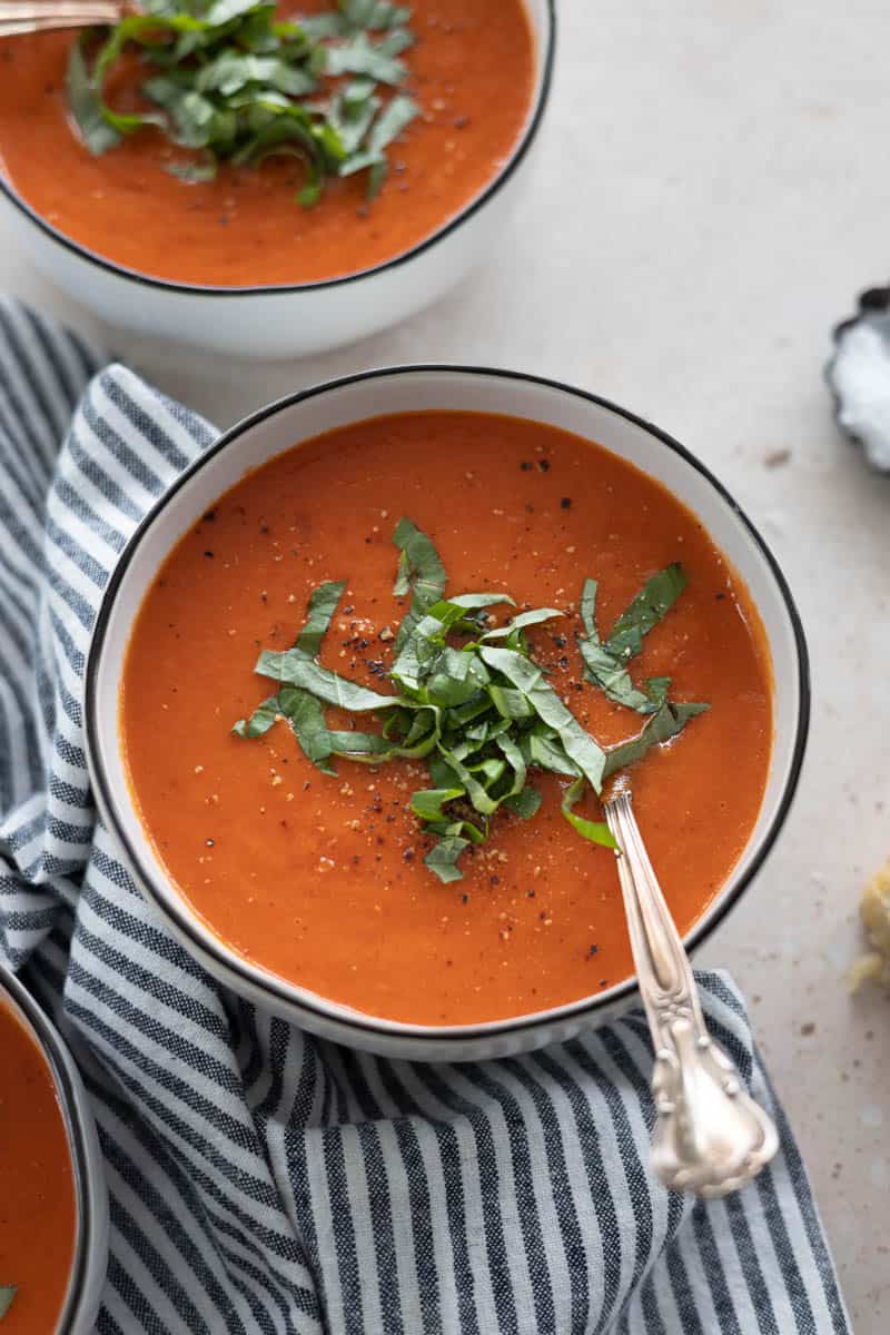 Tomato and Roasted Red Pepper Soup in a bowl.