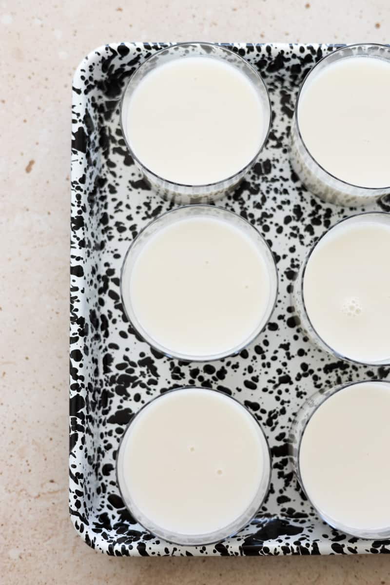 Panna cotta poured into small glasses on a black and white speckled tray. 