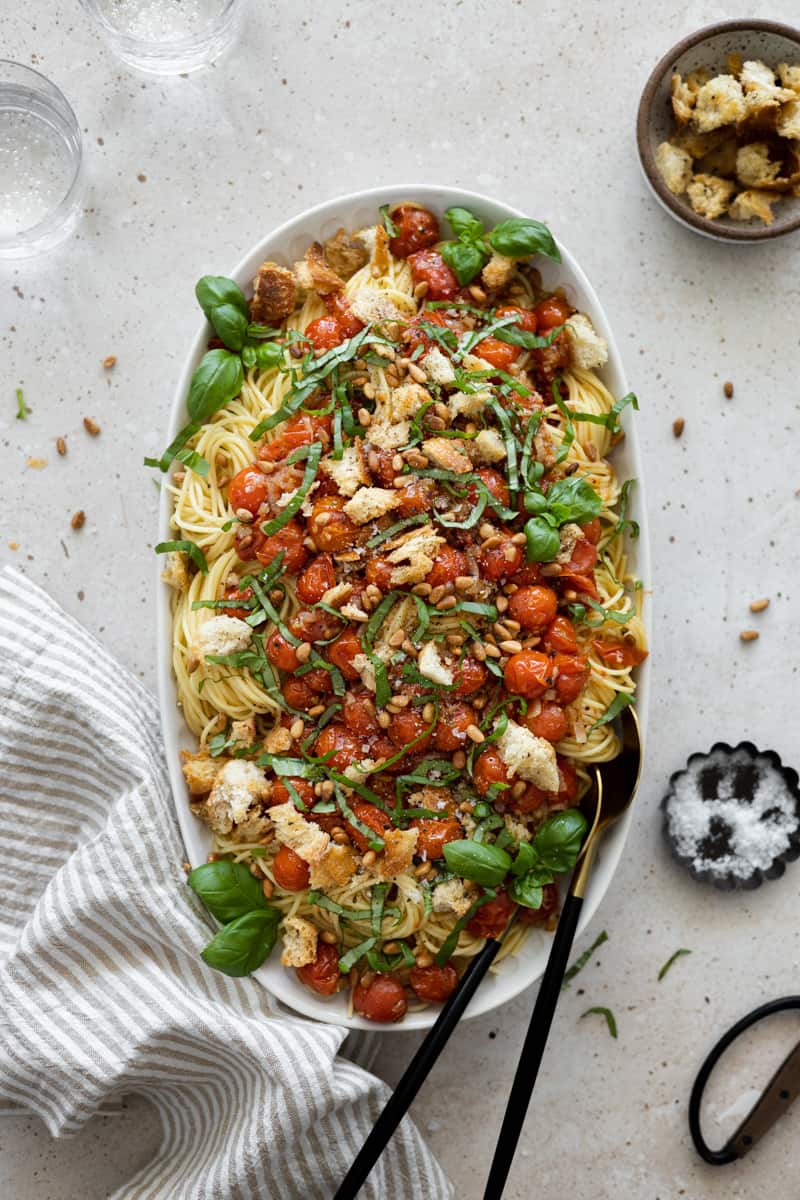 Cherry Tomato Pasta on a white serving platter. 