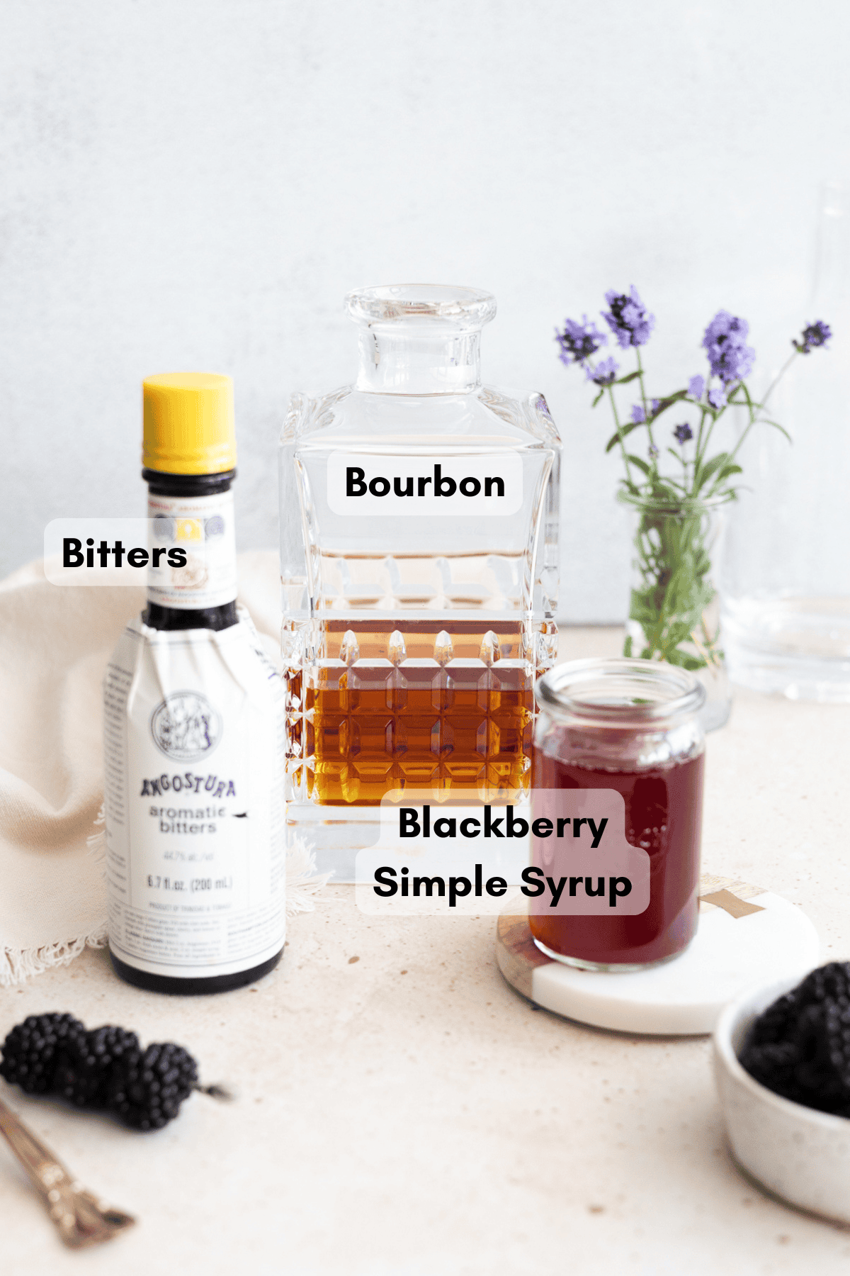Ingredients for a Blackberry Old Fashioned.