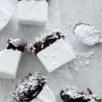 A closeup of a marshmallow dipped in dark chocolate and shredded coconut.