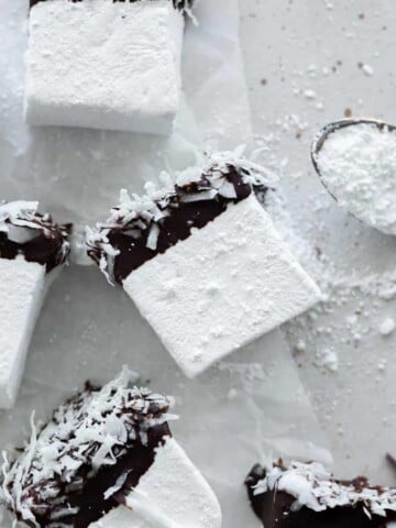 A closeup of a marshmallow dipped in dark chocolate and shredded coconut.