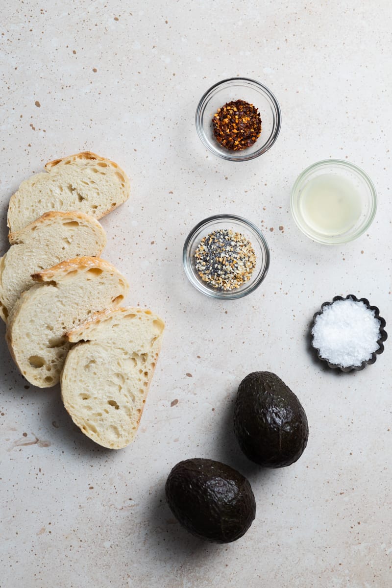 Ingredients for avocado toast with everything bagel seasoning. 