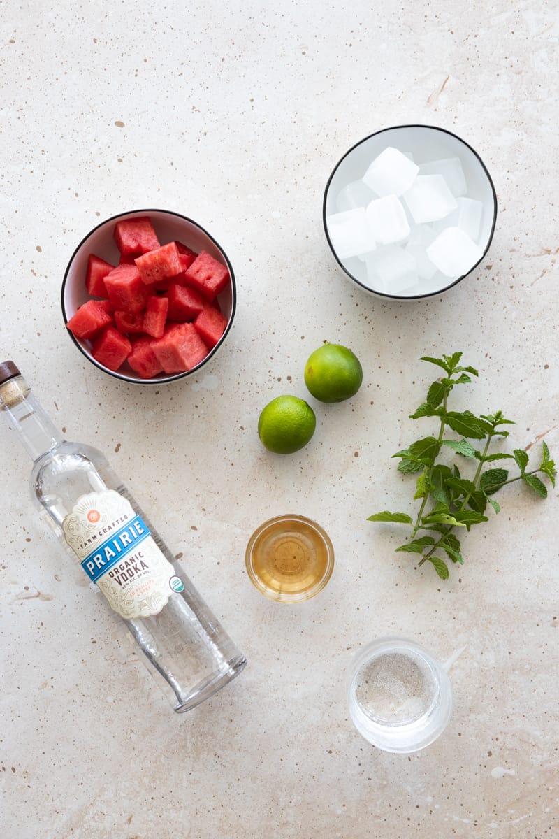 Ingredients for a watermelon mint cocktail. 