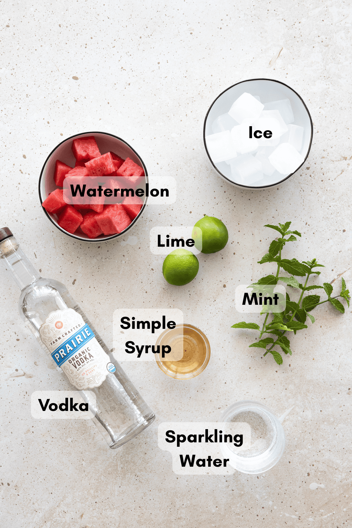 Ingredients for a watermelon mint cocktail.