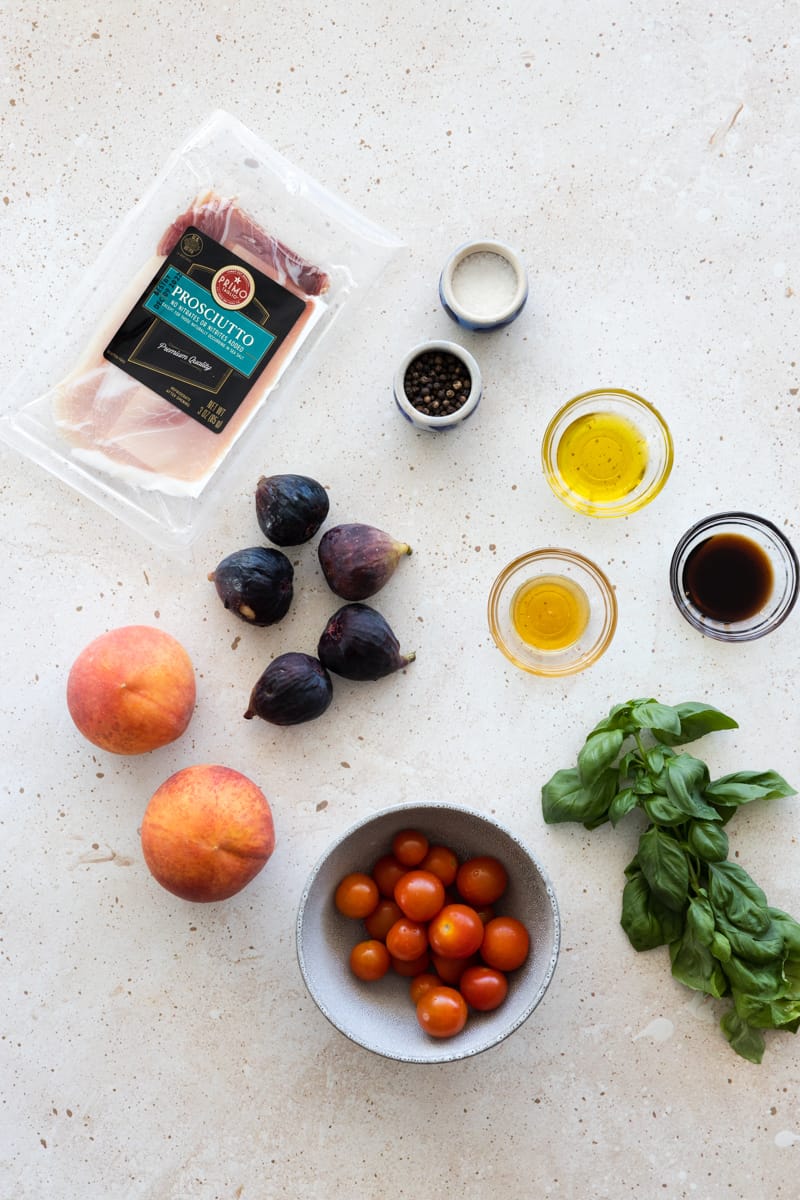 Ingredients for Peach and Prosciutto Salad.