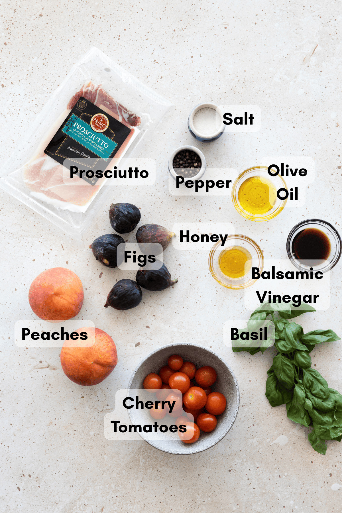 Ingredients for Peach and Prosciutto Salad.