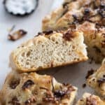 Caramelized shallot focaccia side view.