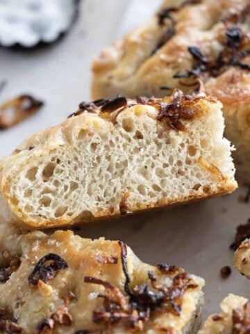 Caramelized shallot focaccia side view.