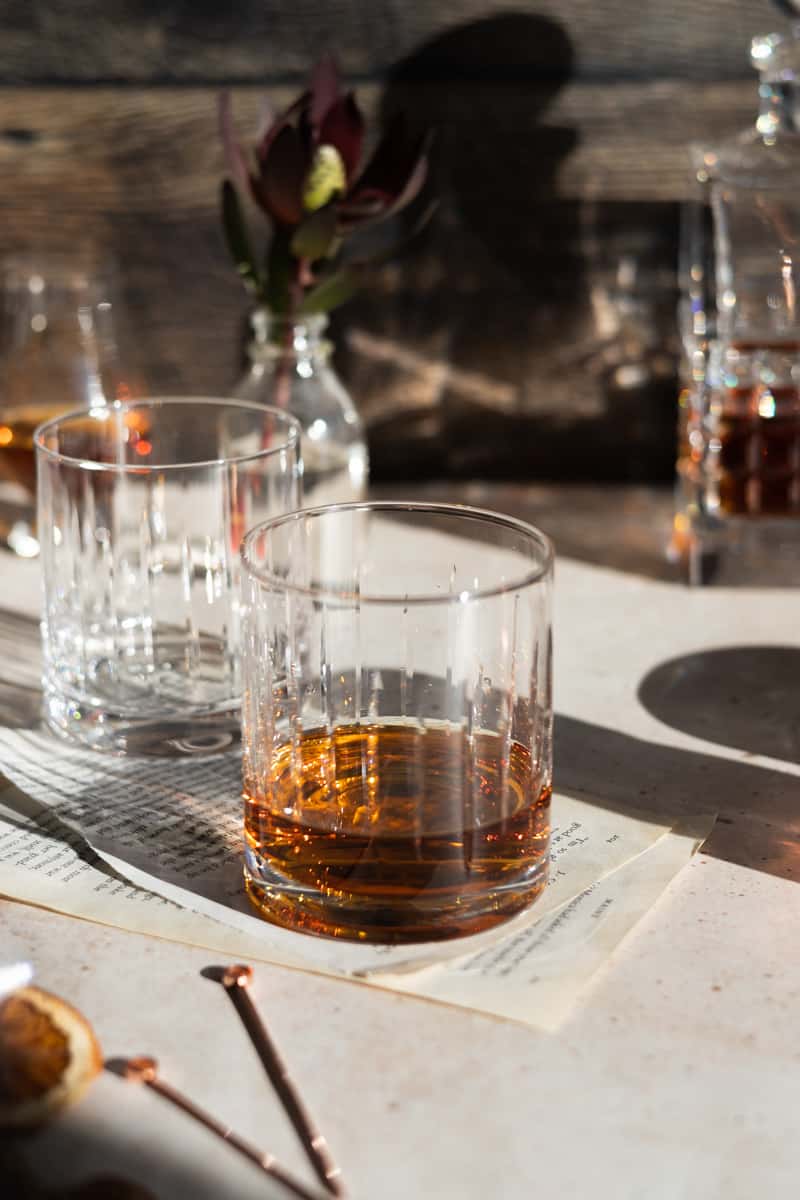 Bourbon in a decorative glass. 