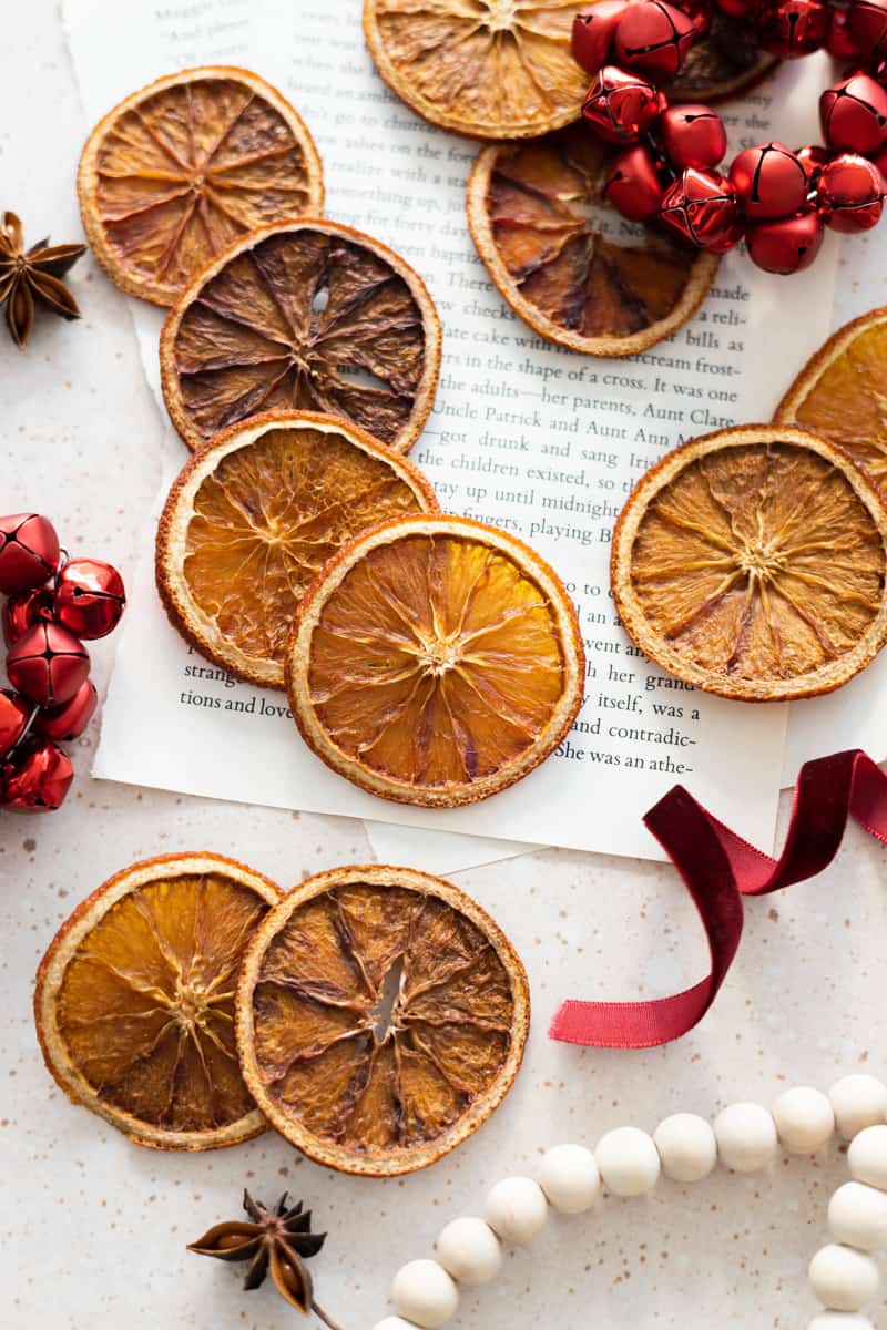 Dried Orange Slices with red holiday accessories.  
