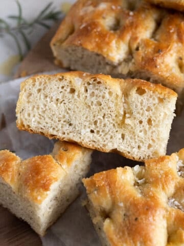 Sliced side view of Rosemary Sourdough Focaccia.