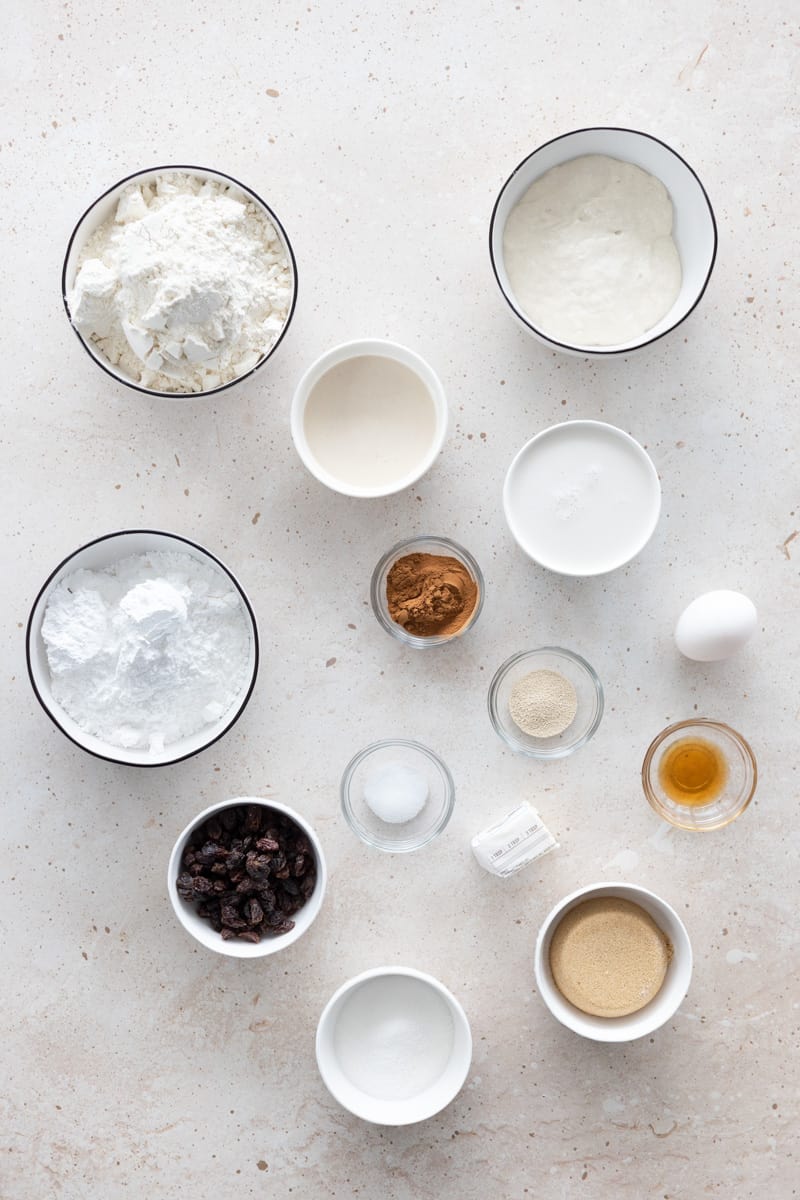 Ingredients for Sourdough Discard Cinnamon Rolls in small bowls. 