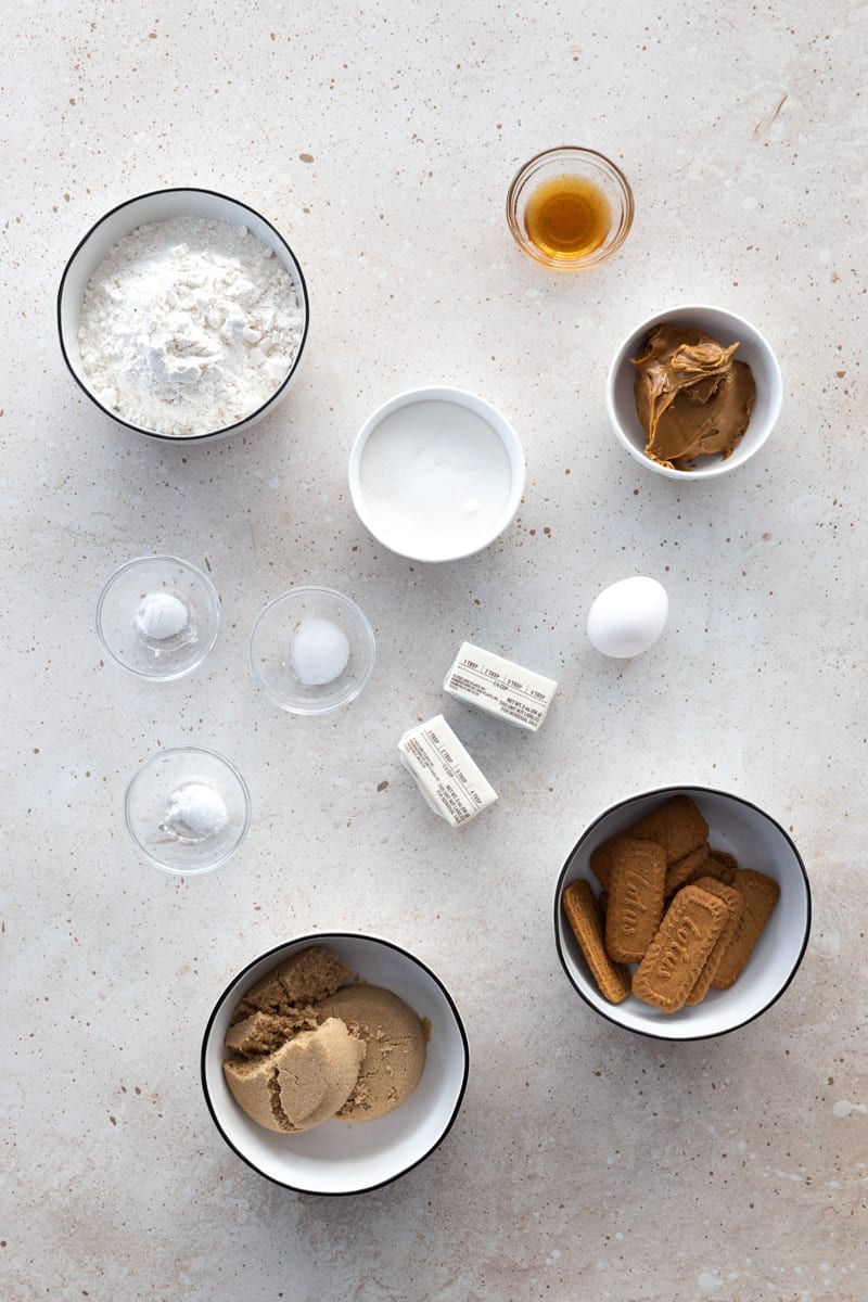 Ingredients for Biscoff Butter Cookies in small bowls. 