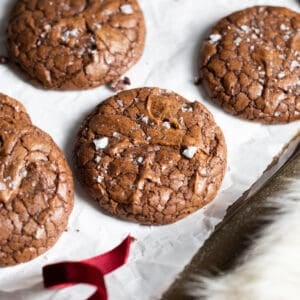 Chocolate Espresso Cookies on white parchment paper.