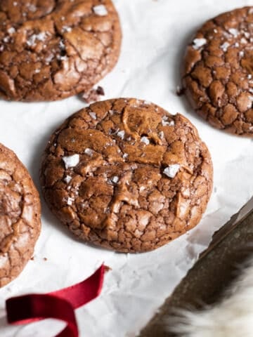 Chocolate Espresso Cookies on white parchment paper.