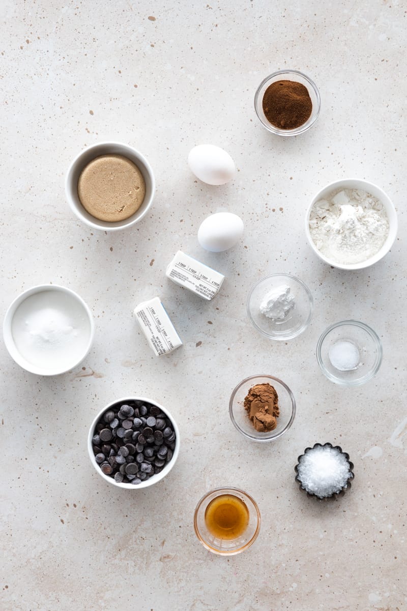 Ingredients for chocolate espresso cookies in small bowls. 