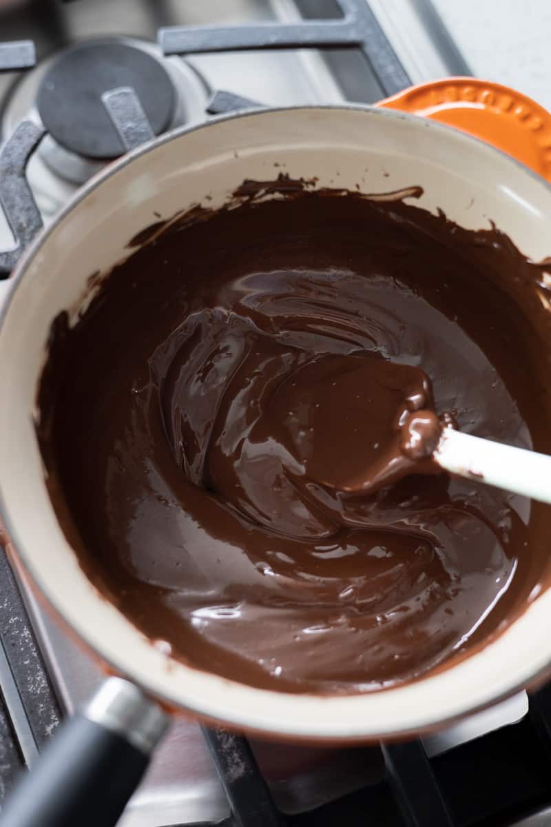 Melted chocolate in a pan. 