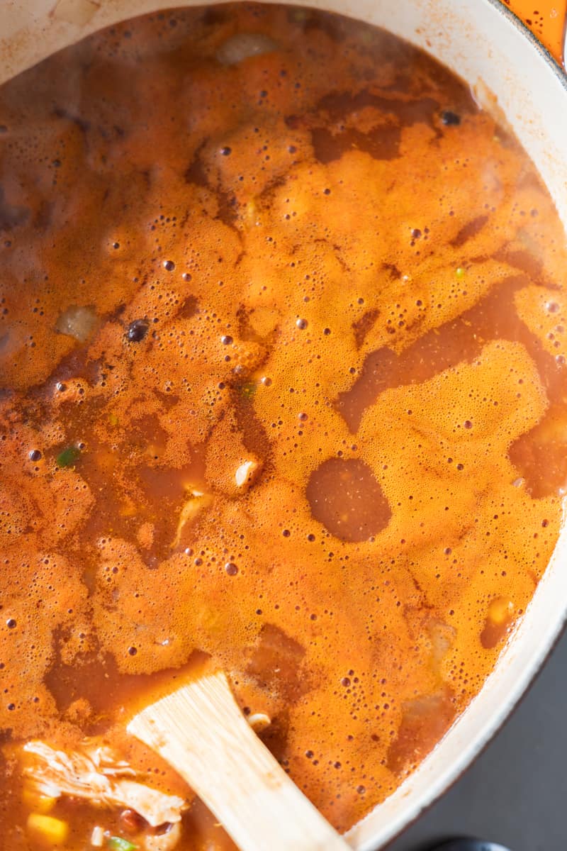 Soup simmering in the pot.