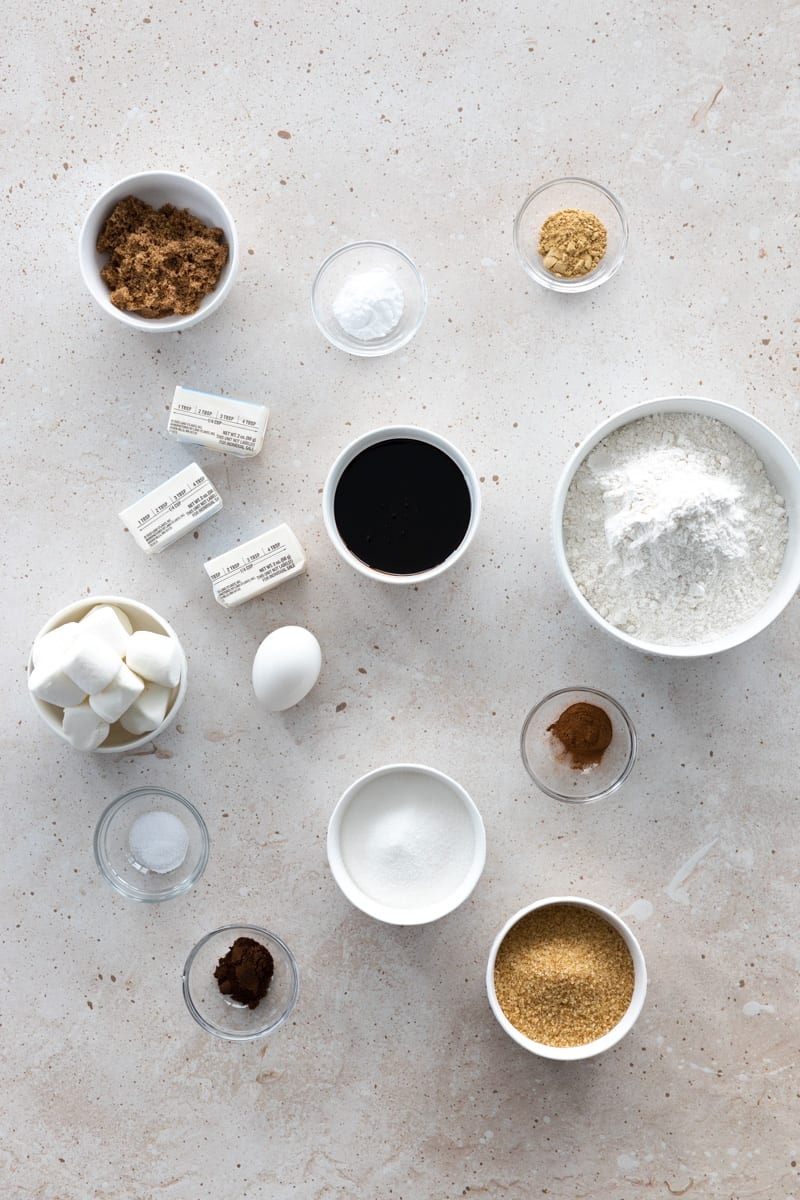 Cookie ingredients in small bowls. 