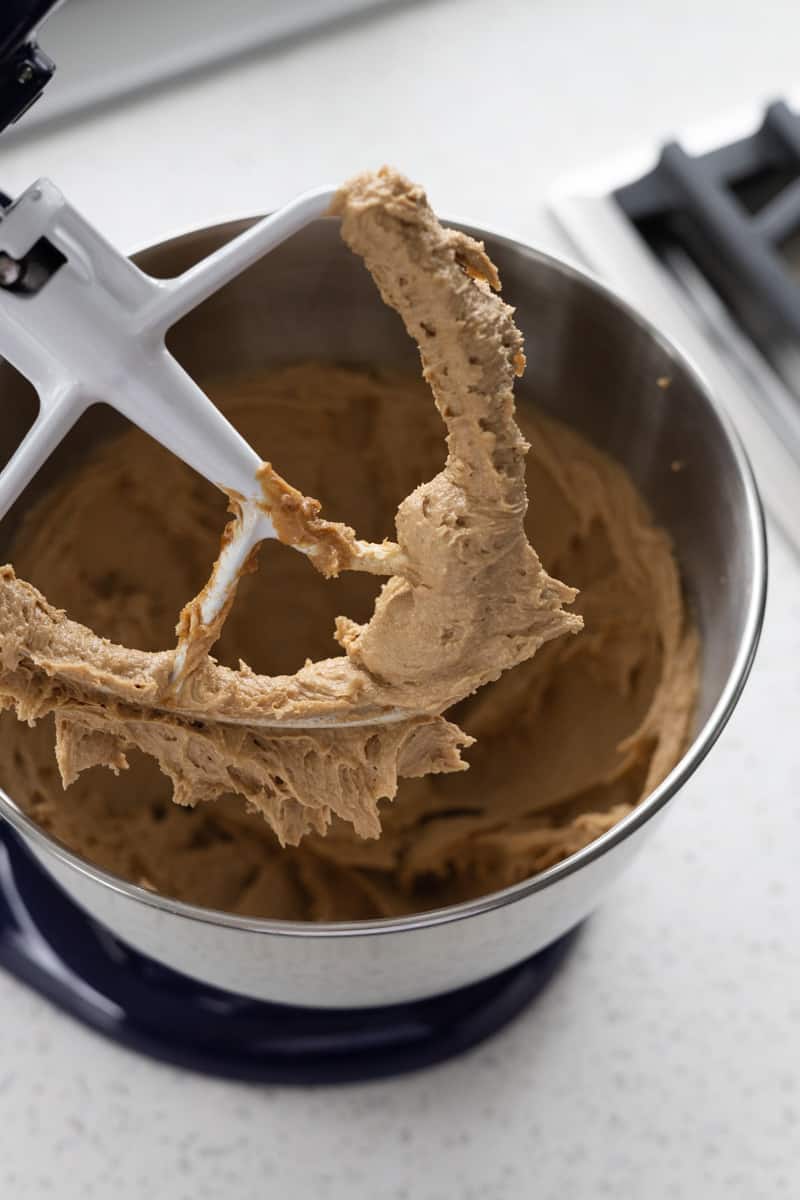 Sugars, peanut butter, egg and vanilla creamed in the bowl of a stand mixer. 