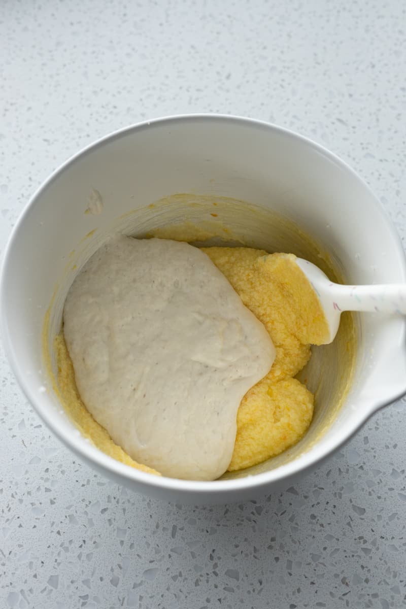 Sourdough discard added to the bowl of batter. 