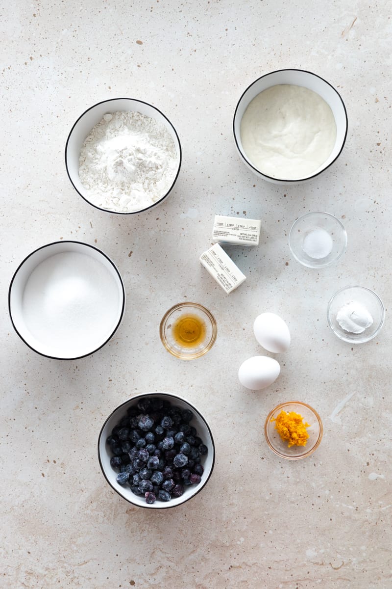 Ingredients for Sourdough Discard Blueberry Muffins in small bowls. 