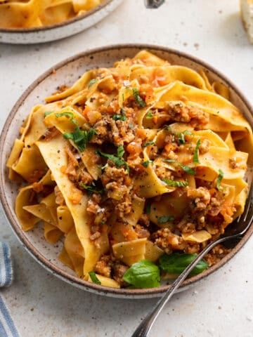 Chicken bolognese in a bowl with a fork.