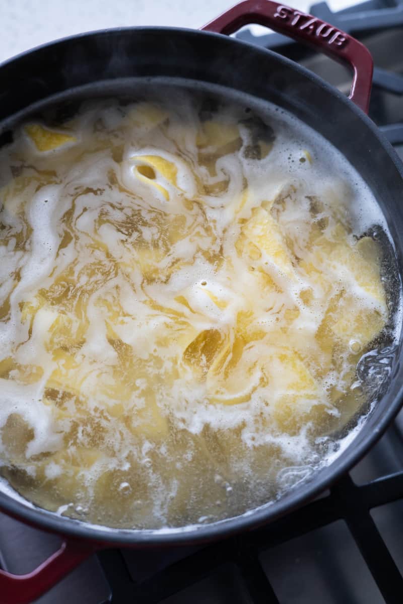 Pasta boiling in a pot of water. 