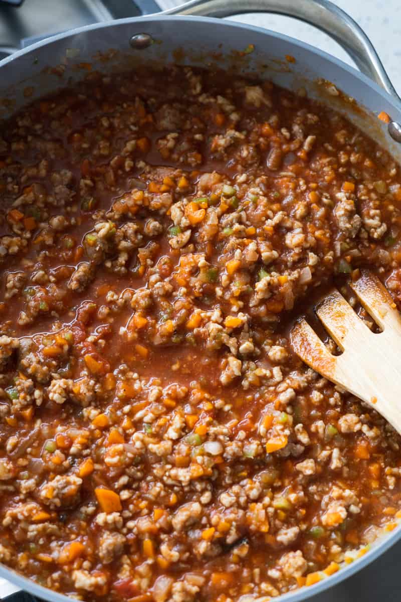 Bolognese sauce in a skillet. 