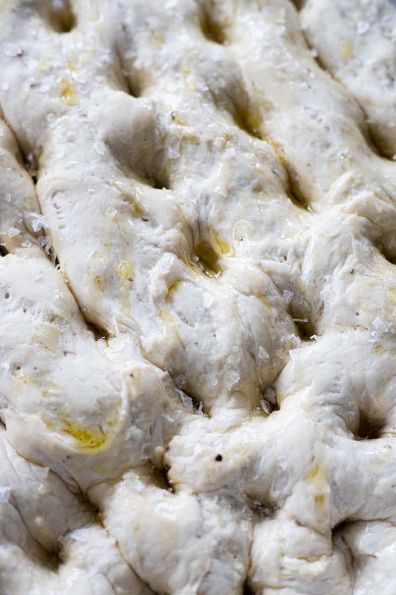 Closeup of dimples in the dough.