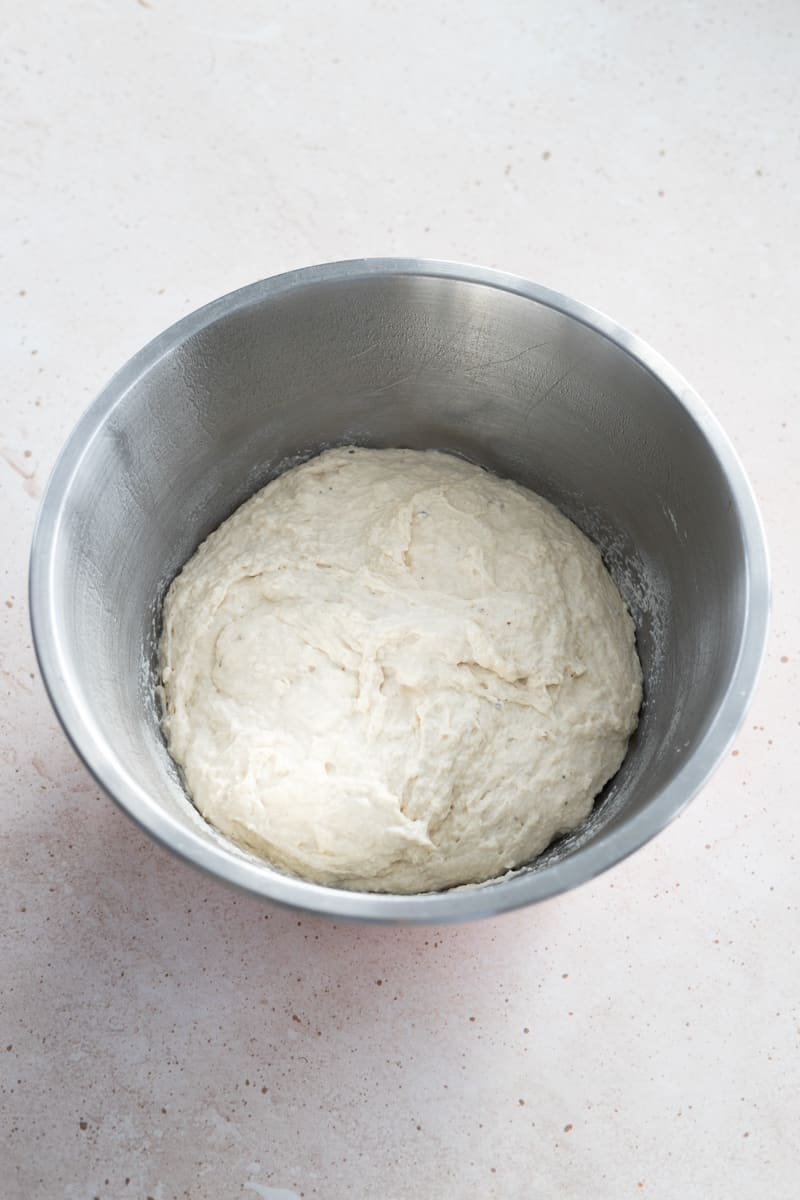 Shaggy dow in a metal bowl for the first rise.