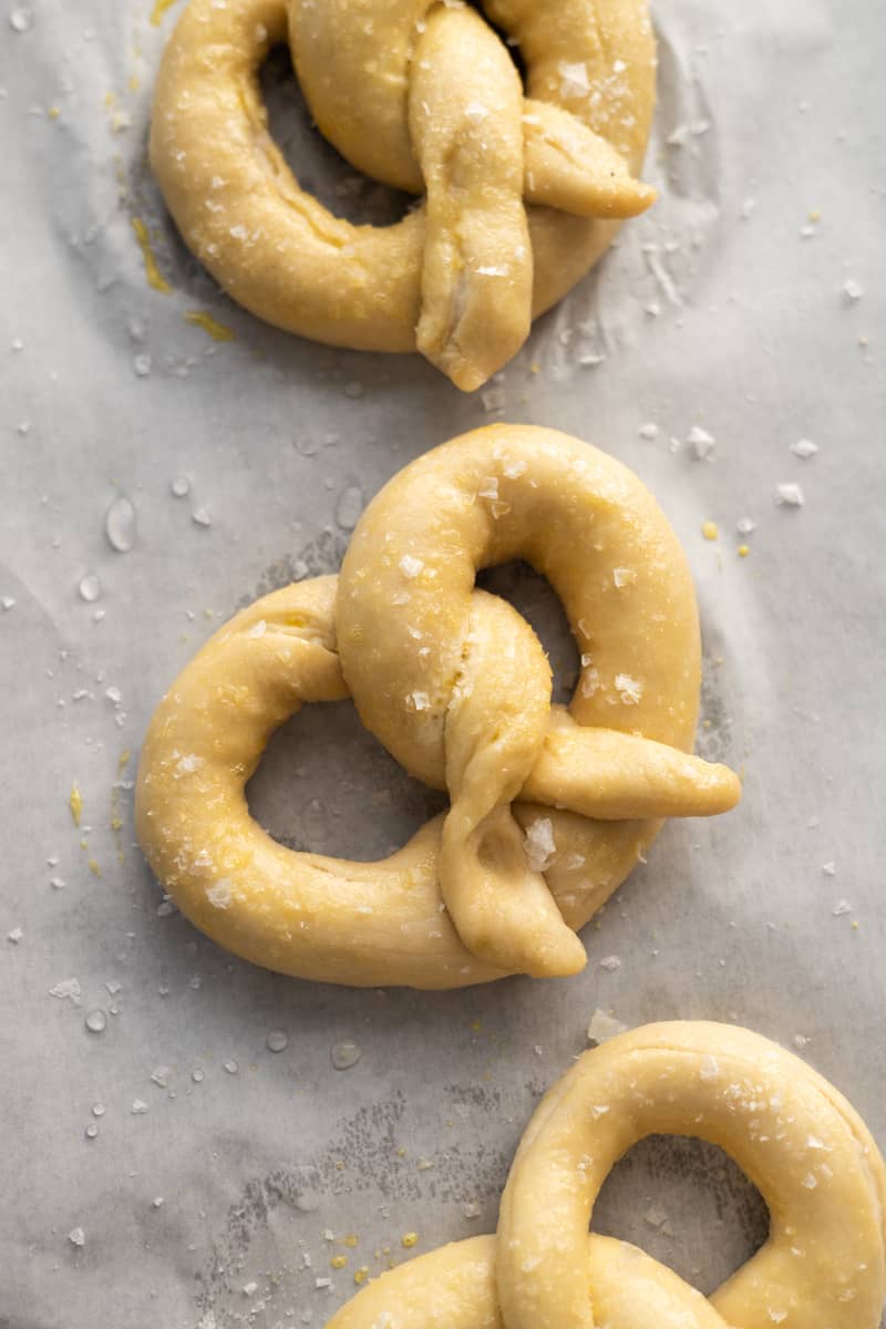 Pretzel sprinkled with flaky sea salt. 