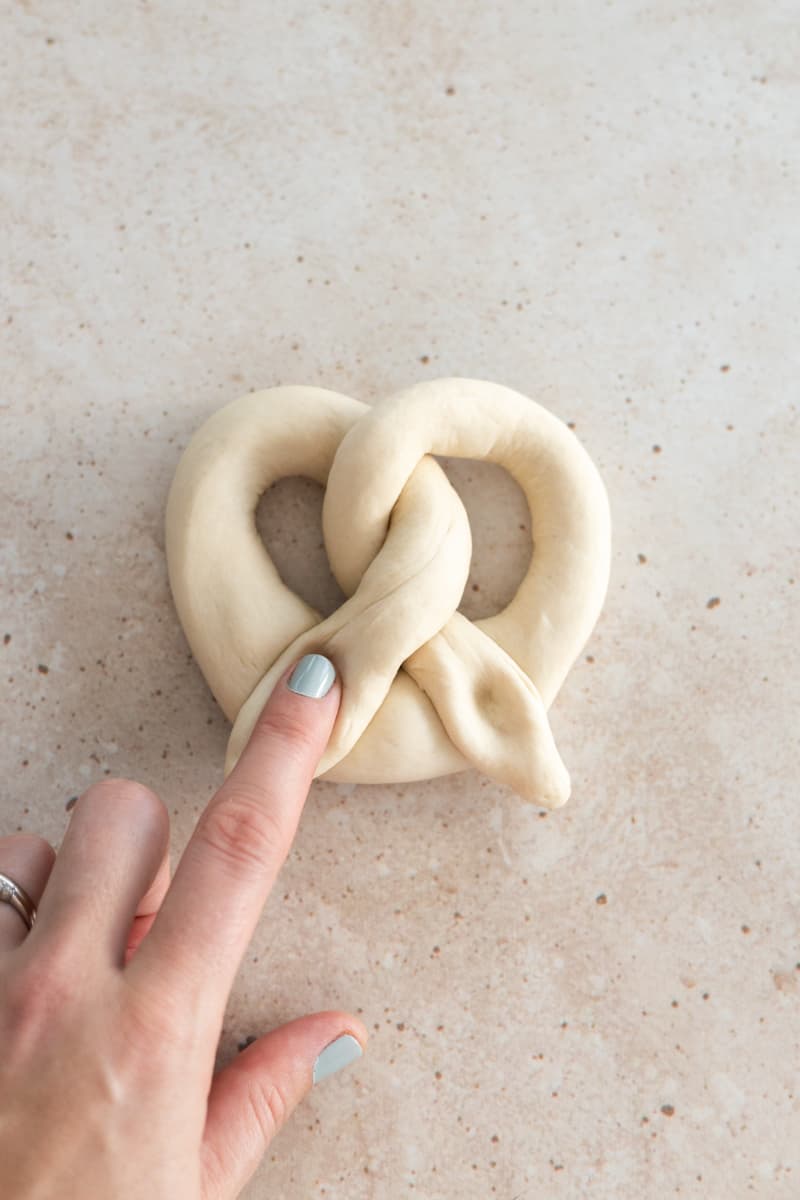 Dough folded into a pretzel shape. 