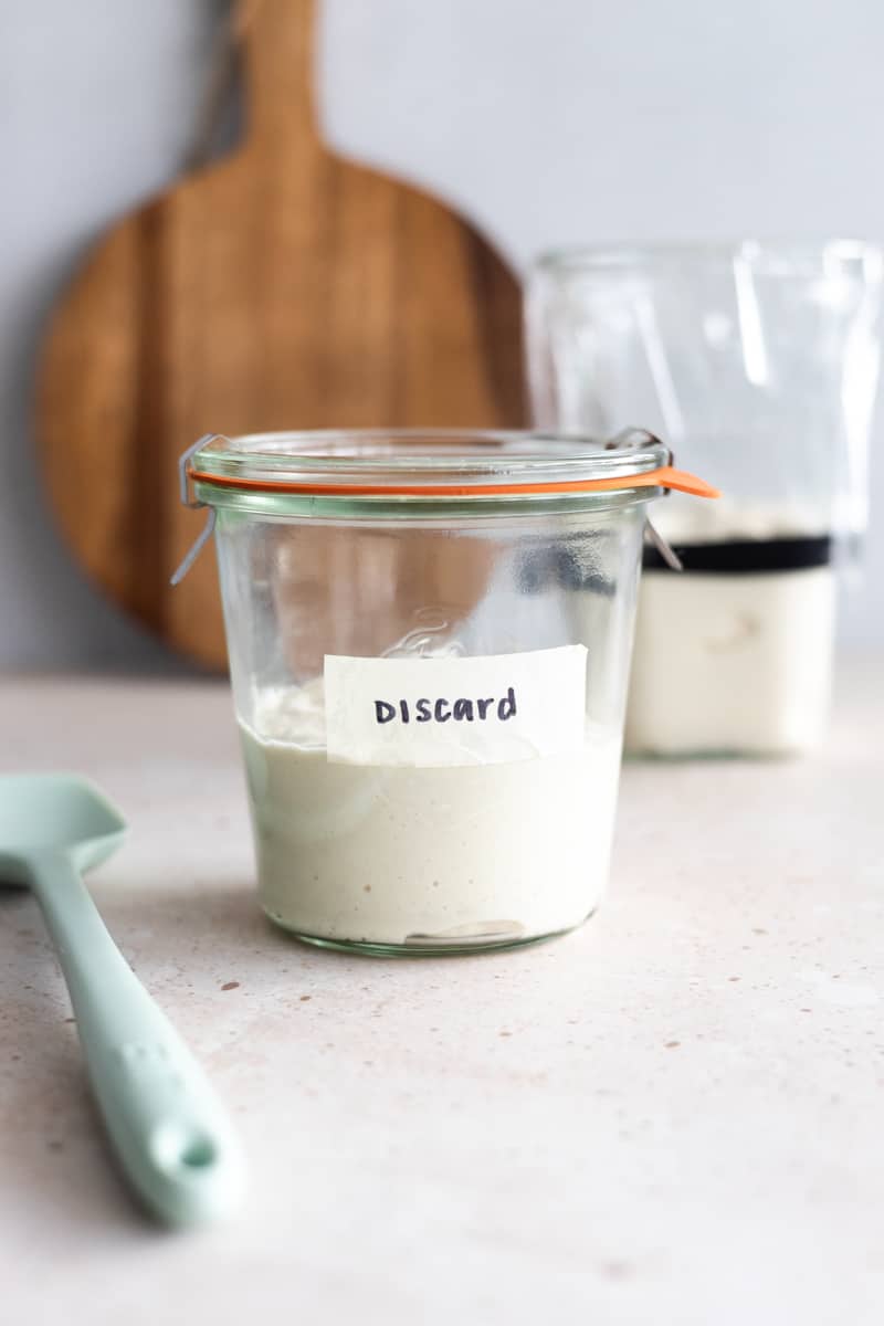 Galss jar of sourdough discard. 