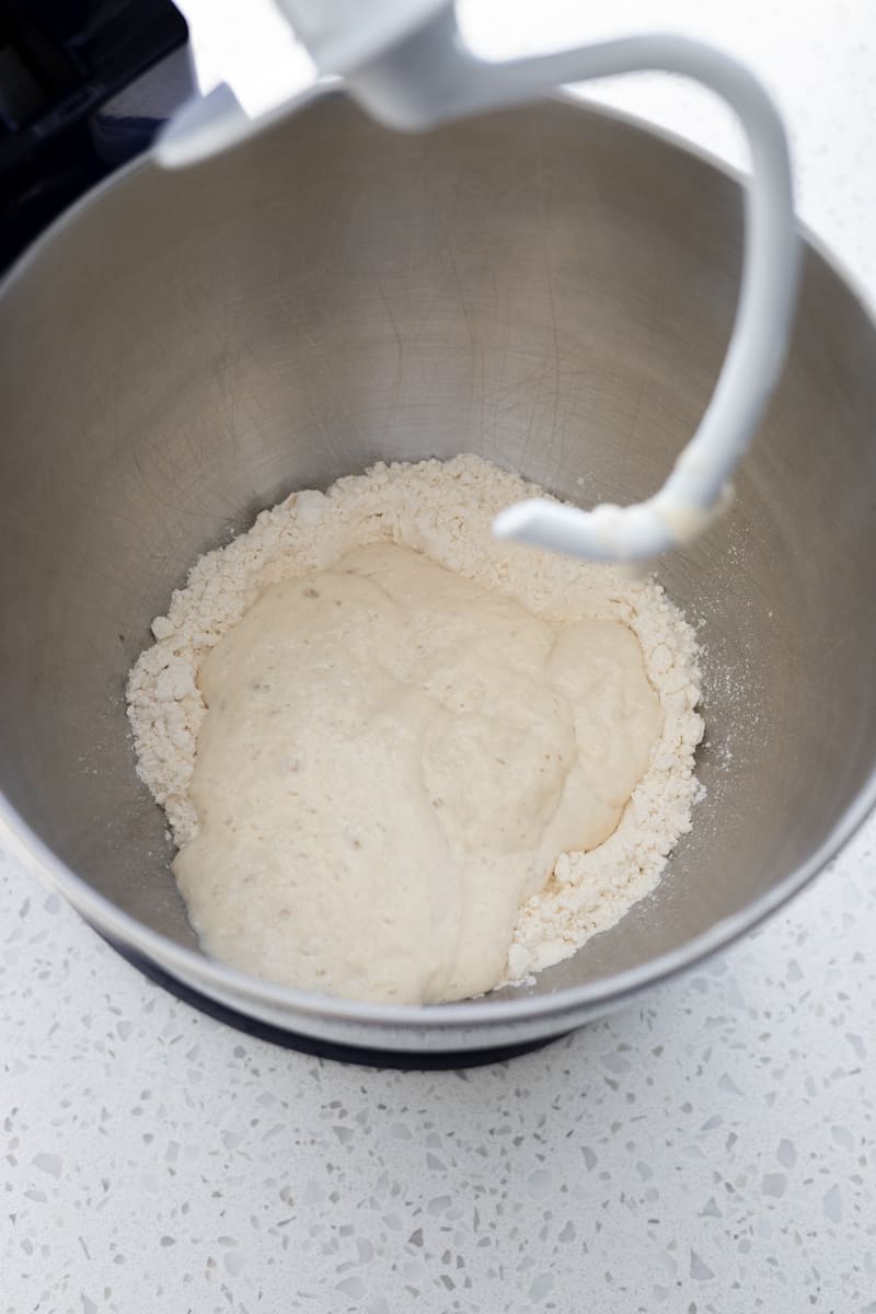 Sourdough discard added to the bowl of the stand mixer.