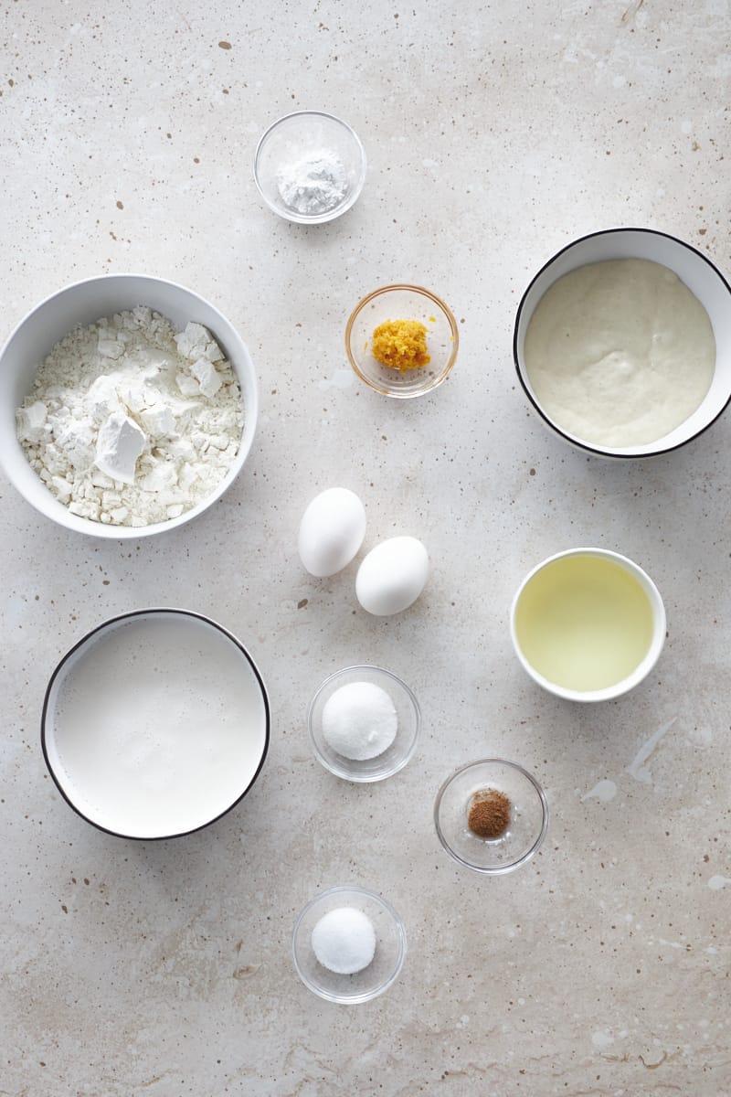 Ingredients for Sourdough Discard Waffles in small bowls.