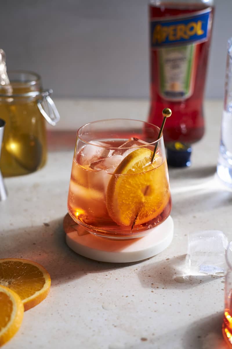 Aperol Soda in a cocktail glass.