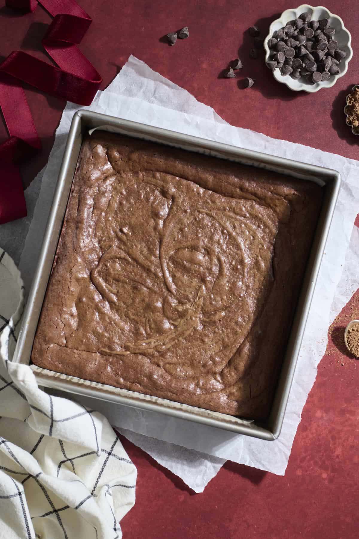 Baked brownies cooling in the pan.