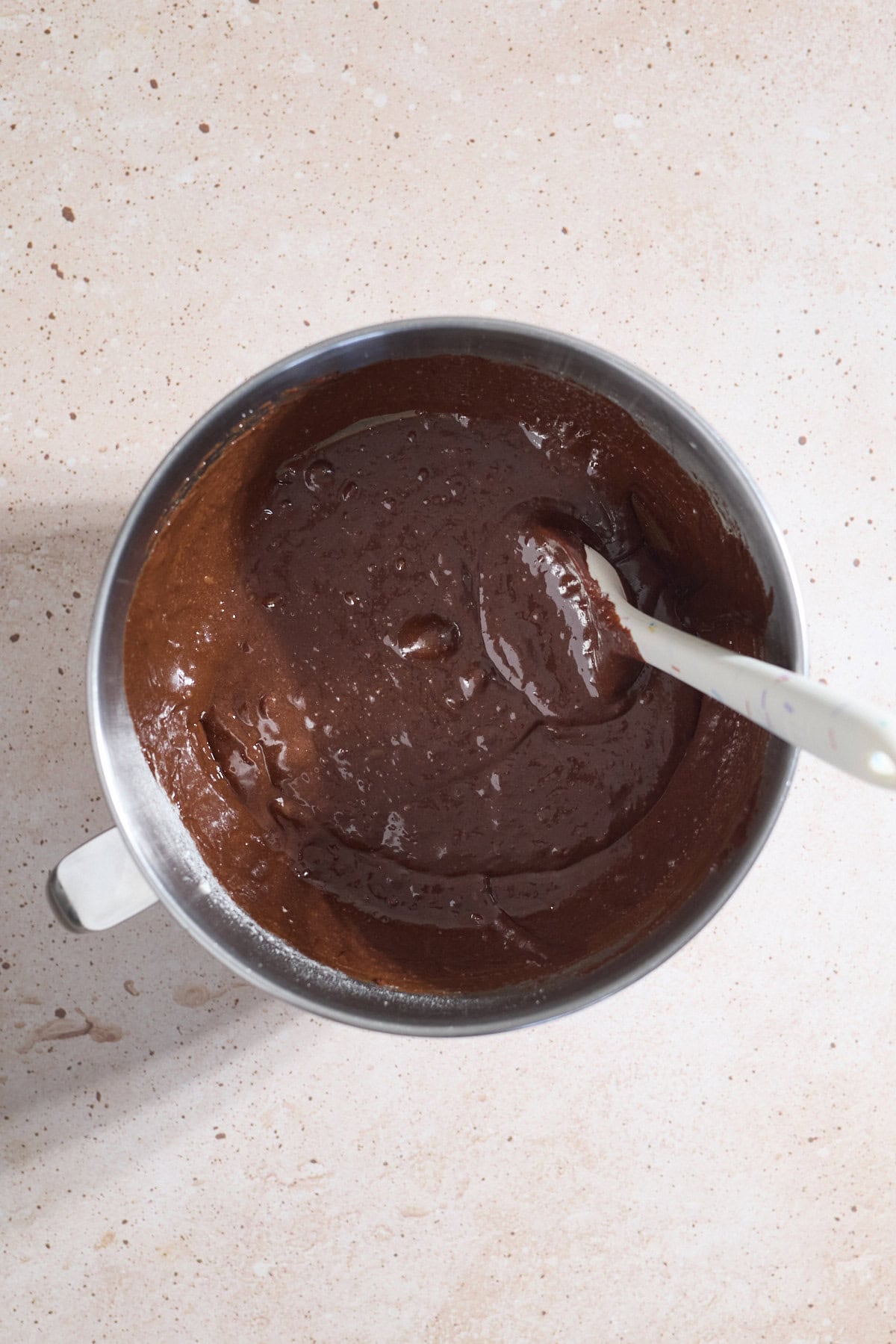 Batter mixed together in the mixing bowl.