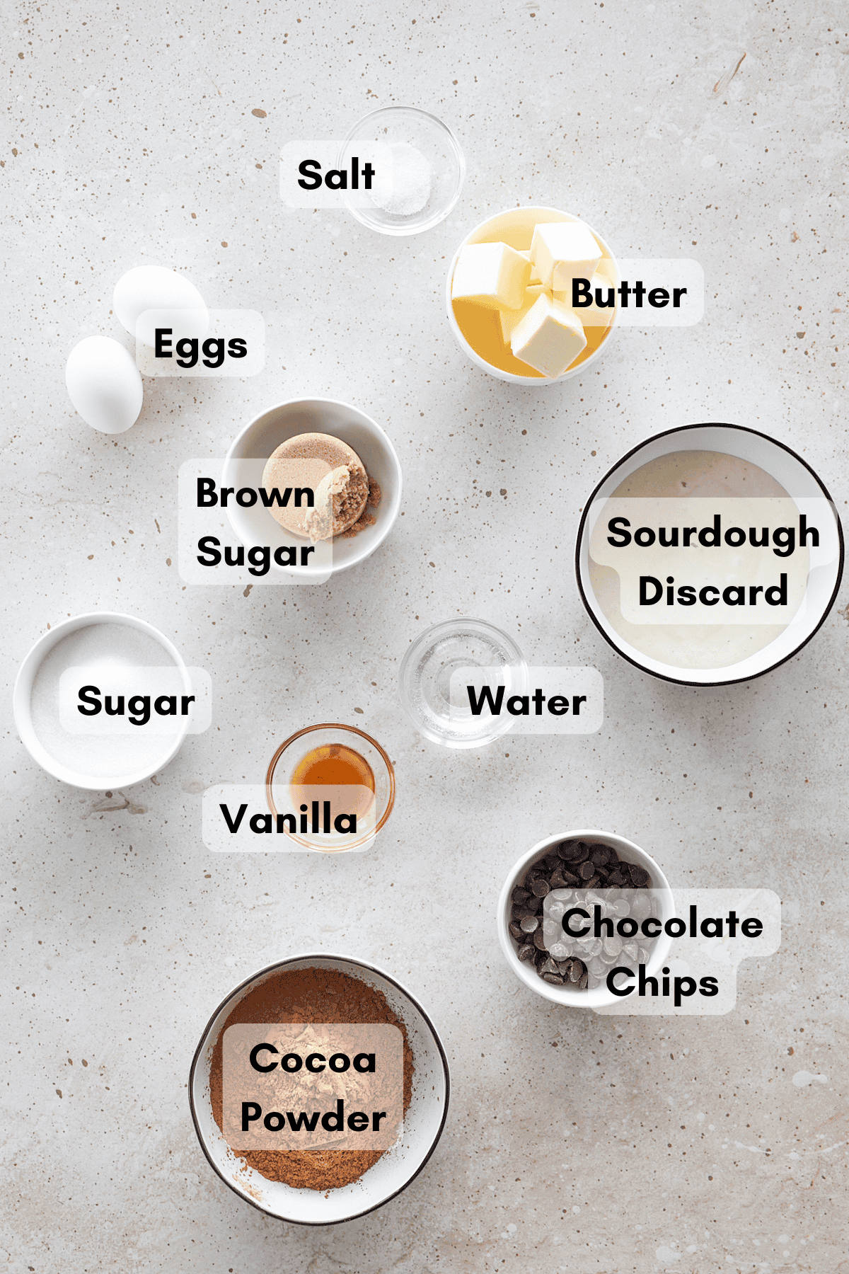 Ingredients for Sourdough Discard Brownies in small bowls. 